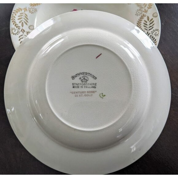 6 Antique Swinnertons Bone China 22 Karat Gold Laurel Rim 8" Bowls Century Rose - Picture 4 of 6